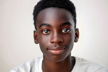 Wall Mural - Portrait of a happy cheerful serious, troubled African American teenager guy with perfect skin, white background, banner.