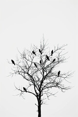 Wall Mural - A black and white sketch of a tree with birds perched on its branches