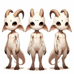 Wall Mural - ai generated illustration of three whimsical fantasy monsters, aliens with sheep horns