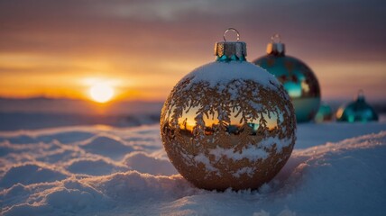 Wall Mural - Christmas balls in the snow, sunset in the background, concept of Christmas, holiday, merry Christmas.