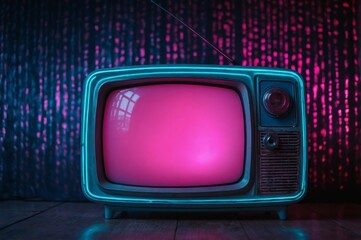 Dark old TV with pink and blue neon lights, retro style, nostalgia concept.