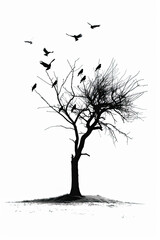 Wall Mural - A black and white sketch of a tree with birds perched on its branches