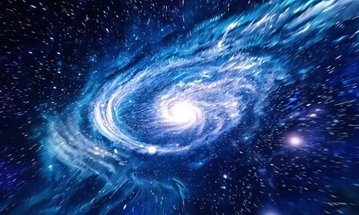 fast traveling through the blue spiral galaxy in the universe, zooming galaxy animation