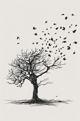 Wall Mural - A black and white sketch of a tree with birds perched on its branches