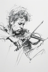 Wall Mural - A black and white sketch of a violinist with a bow poised mid-stroke