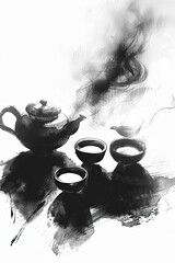 Wall Mural - black and white drawing of some cup of tea