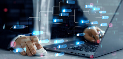 Poster - blockchain financial with chain of encrypted blocks to secure datum, cryptocurrency and bitcoin for 