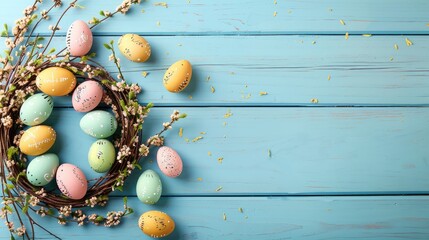 Poster - Colorful Easter Eggs and Willow Wreath on Blue Wooden Background