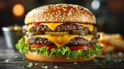 A large hamburger with cheese and lettuce on a wooden table