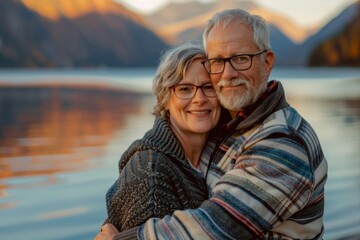 Poster - Portrait of a blissful caucasian couple in their 60s dressed in a comfy fleece pullover over serene lakeside view