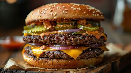 Double cheeseburger with pickles, onions, and special sauce.