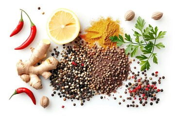 Poster - A selection of various spices and herbs arranged on a white surface