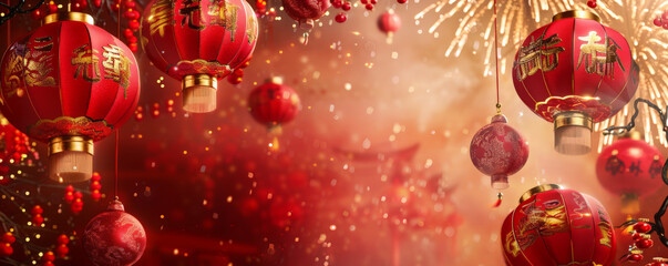 A festive 2025 Happy New Year banner with traditional Chinese elements, including red lanterns, fireworks, and gold accents.