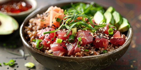 Wall Mural - A simple bowl filled with rice, meat, and mixed vegetables for a quick meal or snack