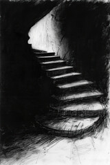 Poster - A black and white sketch of a winding staircase
