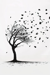 Wall Mural - A black and white sketch of a tree with birds perched on its branches