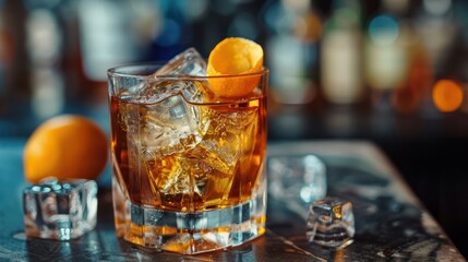 Poster - Glass of whiskey with ice cubes and a citrus twist.
