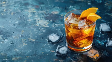 Poster - Glass of whiskey with ice cubes and a citrus twist.