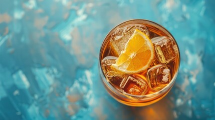 Poster - Glass of whiskey with ice cubes and a citrus twist.
