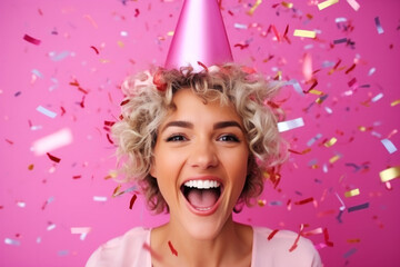 Wall Mural - Portrait of happy excited satisfied amused birthday woman wearing festive cap with colorful confetti on a pink background