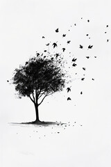 Wall Mural - A black and white sketch of a tree with birds perched on its branches