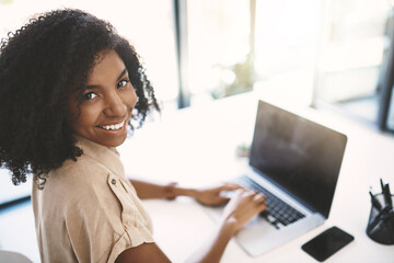 Aufkleber - Screen, portrait and black woman with laptop in office, typing and working in corporate career. Workplace, computer and female assistant with administration for business, schedule email and planning
