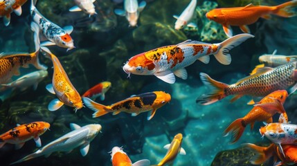 Poster - Group of koi fish swimming together in a peaceful pond scene, suitable for use in nature, relaxation or water-themed projects