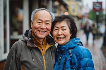 Wall Mural - Portrait of a glad asian couple in their 50s wearing a windproof softshell over charming small town main street