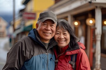 Wall Mural - Portrait of a glad asian couple in their 50s wearing a windproof softshell in front of charming small town main street