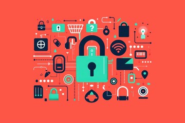 Poster - Colorful illustration of various padlocks and security icons representing cybersecurity, data protection, and privacy against a red background.
