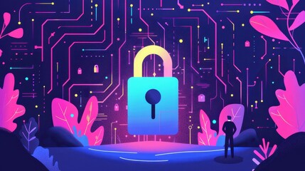 Aufkleber - Futuristic digital security concept illustration featuring a giant lock, circuit lines, and glowing elements, representing cybersecurity.