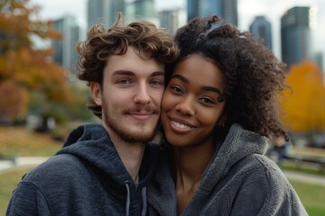 Wall Mural - Portrait of a blissful multiethnic couple in their 30s dressed in a comfy fleece pullover in vibrant city park