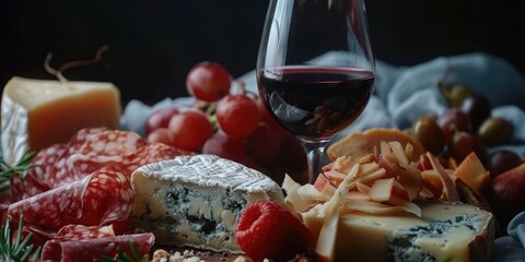 Wall Mural - A glass of wine and a plate of food on a table