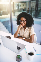 Sticker - Office, black woman and journalist with laptop for reading, search and information for news article with technology. Workplace, computer and digital writer for planning, thinking and creative writing