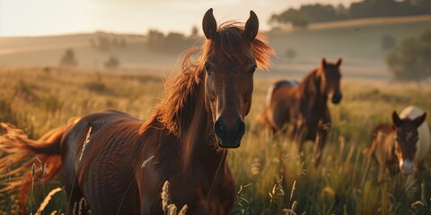 A group of horses grazing in a verdant meadow