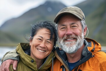 Wall Mural - Portrait of a happy multicultural couple in their 40s wearing a functional windbreaker in panoramic mountain vista