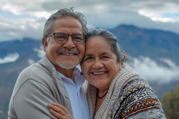 Sticker - Portrait of a smiling latino couple in their 50s wearing a chic cardigan while standing against panoramic mountain vista