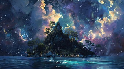 Wall Mural - Mystical Island Under a Starry Night