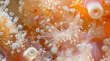 A close-up of coral spawning, with tiny polyps releasing gametes into the water column