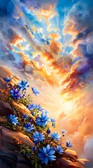 Poster - Vibrant Borage Flowers Blooming on a Dramatic Sunset-Drenched Mountainside