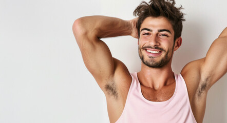 Wall Mural - a handsome man in a pink tank top against a white background, smiling confidently at the camera with his hand on his head.