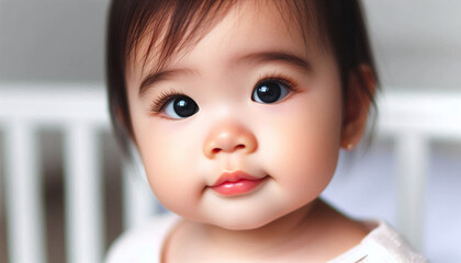 Close-up portrait of a cute baby looking, blurred white background