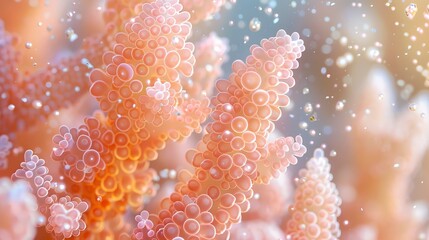 A close-up of coral spawning, with tiny polyps releasing gametes into the water column