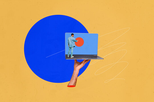 Creative collage young man laptop pc screen digital device gadget 3d hand body fragment drawing background user remote worker