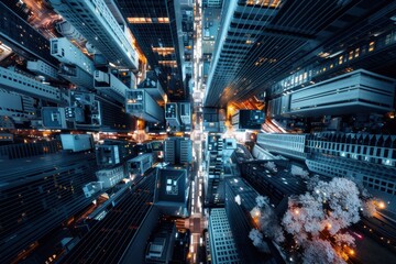 Poster - A cityscape with a tree in the middle of it. The city is lit up at night, giving it a vibrant and lively atmosphere