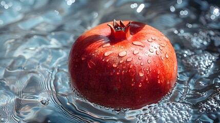 Ripe pomegranate with water droplets floating in clear water, showcasing freshness and health