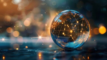 Poster - A globe with a network of lines and stars on it. The globe is surrounded by a blurry background with a lot of light and stars