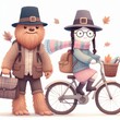 © Phisan - A furry creature and a girl with glasses in pilgrim hats ride a bike in autumn.