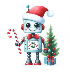 Wall Mural - Watercolor painting of robot christmas theme on​ white background