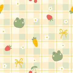 Sticker - Gingham seamless vector pattern with kawaii frog and carrot, strawberries and flowers. Tartan check for tablecloths, napkins, clothes, packaging. Cute childish vichy background, pastel palette